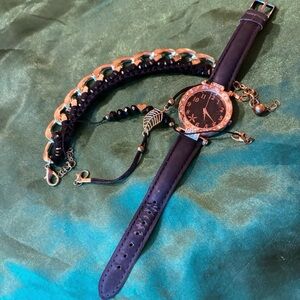 Black and Gold Watch with Bracelet Set Costume Jewelry Lot